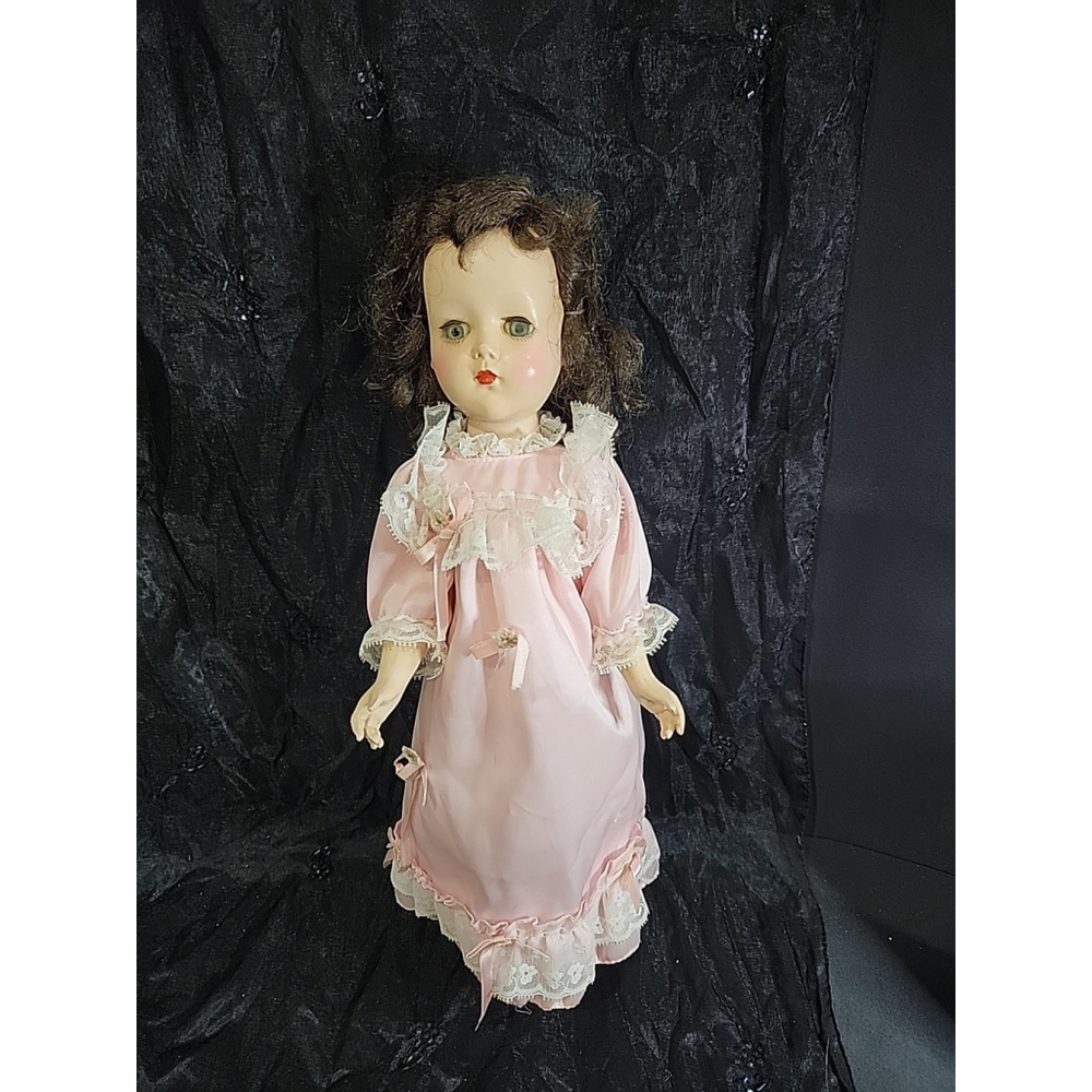 Vintage 17 Inch Hard Plastic Walker Doll Brown Hair Green Eyes